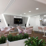 Interior del hospitality Lexus con mobiliario y plantas decorativas